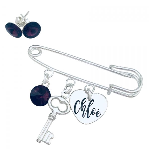 Set Brosa personalizata pandantiv argint cristal charm Cercei Swarovski Heart Key