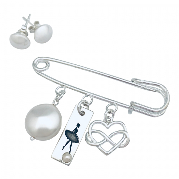 Set Brosa personalizata pandantiv argint perla charm Cercei perle Swarovski Ballerina